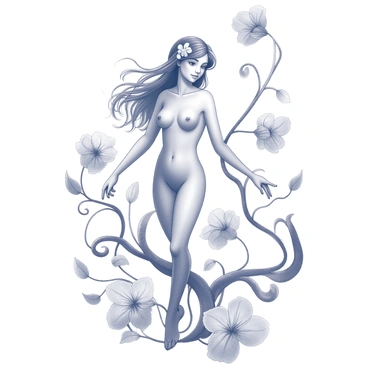 A nymph surrounded by delicate art nouveau flowers and vines