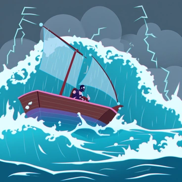 A small wooden fishing boat with a bright blue hull is struggling against massive, turbulent waves that tower over it, crashing with white frothy crests. The sky is dark and stormy, filled with swirling gray clouds that look ominous. Rain is pouring down, creating a mist that envelops the boat, while the wind causes the sails to billow dramatically. The captain, a rugged figure with a determined expression, is gripping the wheel tightly, fighting to maintain control as the waves crash against the sides of the boat. In the distance, flashes of lightning illuminate the chaotic scene.
