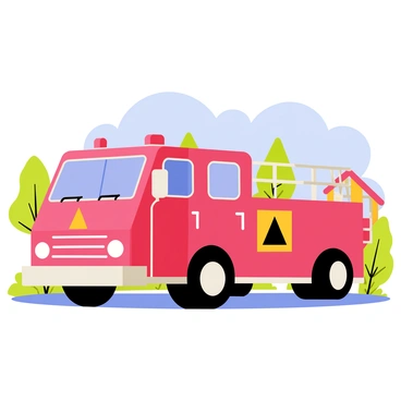 A red fire truck parked on a street with bright blue skies in the background. The fire truck has a large "fire triangle" symbol painted on its side, prominently displayed in yellow and black. The truck features shiny silver bumpers and hose reels, with a ladder extending from the back. Surrounding the fire truck, there are green trees and a few colorful houses in the distance, creating a lively neighborhood setting.