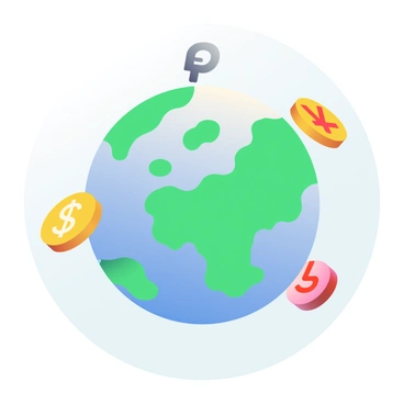 An animated globe with different currencies rotating around it