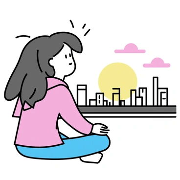 A girl with long, flowing hair, wearing a comfortable hoodie and jeans, is sitting cross-legged on a rooftop. She gazes intently at the sunset, which casts a warm, orange and pink glow across the sky. The outlines of a city skyline, featuring various buildings and skyscrapers, are visible in the background beneath the colorful sunset. Her expression reflects a sense of peace as she takes in the view. A gentle breeze flows through her hair, adding to the tranquil atmosphere.