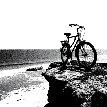 A vintage bike with a classic design is perched on a rocky cliff edge, with its wheels slightly turned as if it has just arrived. The bike features ornate details, including a leather seat and handlebar grips. Below, the vast ocean stretches out, its waves crashing against the cliff base. The horizon meets the sky in a line, creating a sense of depth and distance. The cliffside is rugged, with patches of grass and small stones scattered about, emphasizing the height and isolation of the scene.