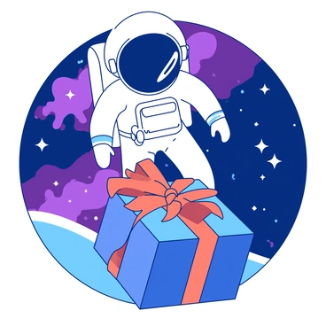 An astronaut in a white space suit is floating in the vastness of space. The astronaut has a visor reflecting distant stars. In front of the astronaut, there is a vibrant blue gift box with a large orange bow on top. The box appears to be gently spinning in the zero-gravity environment. Stars and a colorful nebula fill the background, providing a sense of depth and wonder to the scene.