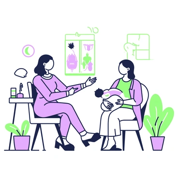 A lactation consultant is seated in a bright, inviting room, providing guidance to a new mother. The consultant has medium-length hair and is wearing a comfortable, professional outfit. She holds a pillow for support and gestures towards a chart on the wall that illustrates key breastfeeding positions. The mother, looking attentive, is seated with her baby in a nursing position. Nearby, there is a small table with a breast pump and bottles. A soothing atmosphere is created by soft lighting and a few plants in the background.