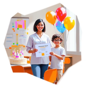 A teacher with medium skin tone and short black hair stands proudly in a brightly decorated classroom, holding a certificate in one hand. The certificate features bold text that reads "Achievement Award" prominently displayed. Colorful balloons in shades of red, blue, and yellow float around the room, contributing to a festive atmosphere. The classroom walls are adorned with educational posters and student artwork, and a table nearby is set with a small cake and party hats. A happy student with curly hair and glasses stands beside the teacher, beaming with pride.