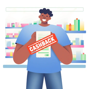 A smiling shopper with light brown skin and curly hair is standing in a brightly lit store holding a receipt. The receipt prominently displays a large red "Cashback" stamp across it. The shopper is wearing a blue t-shirt and denim jeans. In the background, colorful shelves filled with various products can be seen, enhancing the shopping environment. The shopper's joyful expression conveys satisfaction and excitement about the purchase.