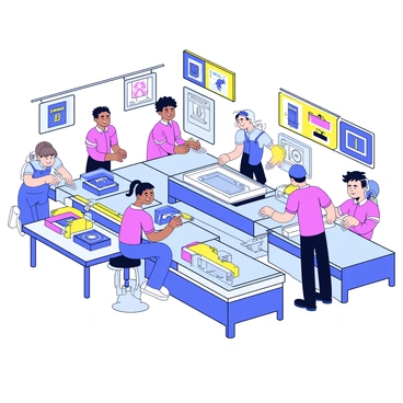 A factory assembly line with multiple workstations. At the center of the image is a team of workers dressed in matching uniforms, focused on assembling a sleek, modern product. Various components of the product are neatly organized on tables adjacent to the assembly line. Bright overhead lights illuminate the workspace, highlighting the details of the conveyor belt that moves the product through each stage of assembly. Each worker is engaged in a specific task, using tools like screwdrivers and pliers. The walls of the factory are adorned with safety signage and colorful posters promoting teamwork.