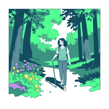 A person dressed in casual outdoor clothing is walking along a narrow path in a dense forest. Tall trees with green leaves tower on both sides of the path, creating a natural canopy. Sunlight filters through the branches, casting dappled shadows on the ground. The person has a serene expression, and they are holding a walking stick in one hand. Vibrant wildflowers in shades of yellow and purple can be seen blooming along the edge of the path, adding color to the lush greenery surrounding them. A gentle breeze rustles the leaves, enhancing the tranquil atmosphere.
