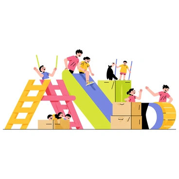 A playground built from colorful recycled materials, featuring slides made of repurposed plastic and swings crafted from old tires. Children are playing joyfully, with a boy in a red shirt climbing a ladder made of wooden pallets, while a girl in a yellow dress slides down a bright blue slide. Nearby, a group of children are building a fort using large cardboard boxes, and a painted tire serves as a creative seating area. The scene is filled with laughter and vibrant colors, showcasing the imaginative play environment.