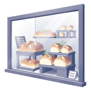 A vintage bakery window displaying freshly baked garlic bread