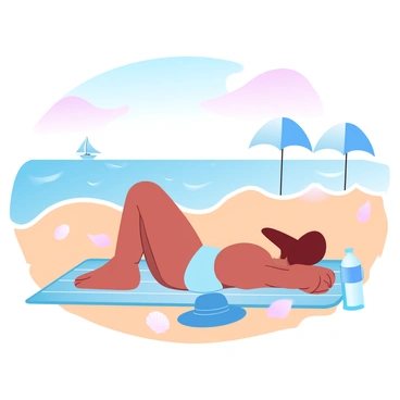 A sandy beach with gentle waves lapping at the shore. A person is lying on a colorful towel, engaging in Kegel exercises while surrounded by beach essentials. A sunhat rests beside them, and a bottle of water is on the towel. In the background, beach umbrellas provide shade, and a distant small sailboat glides across the sparkling water. A few seashells are scattered in the sand near the towel. The sky above is a soft gradient of pastel colors, transitioning from light blue to warm pink.