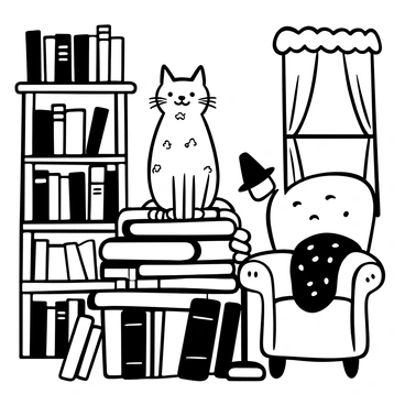 A wise-looking cat sitting atop a stack of books in a cozy library corner, surrounded by shelves filled with various books. The cat has a fur coat with a mix of patterns and textures, and it sits upright, its body poised and regal. The stack of books beneath it is disheveled, with some books leaning at angles, and the spines visible showcasing titles. A small reading lamp stands next to the stack, casting a soft glow over the scene. A comfortable armchair is in the background, with a knitted blanket draped over one side. A window is nearby, with curtains slightly drawn, allowing hints of light to filter in.