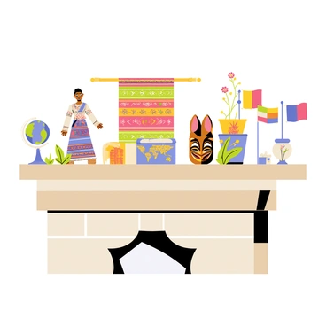 A mantle adorned with various cultural symbols representing diversity and heritage. In the center, there is a colorful woven textile featuring traditional patterns. On one side, there is a small statue of a traditional dancer with intricate detailing in her attire. Next to it, a wooden mask with bold colors and carvings is displayed. To the other side, there is a decorative ceramic pot with floral designs. Scattered across the mantle are vibrant artifacts, including a small globe and a collection of miniature flags from different countries, creating a harmonious representation of global cultures.