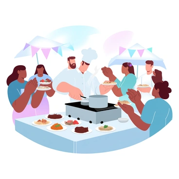 A chef cooking gourmet dishes at an outdoor food festival, with people tasting and enjoying