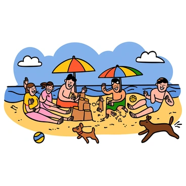 A sunny beach scene filled with families enjoying their day. Several families are gathered, with parents and children building sandcastles together on the warm golden sand. Children are laughing and splashing in the gentle waves, their faces filled with joy. In the background, colorful beach umbrellas are set up, providing shade for some families. A beach ball rolls across the sand, and a small dog runs playfully near the water. The sky is blue with a few fluffy white clouds, creating a cheerful atmosphere.
