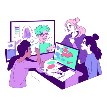 A group of five individuals, representing a diverse team of designers, are gathered closely around a large computer screen displaying a vibrant digital illustration. Each designer is engaged in discussion, with one person pointing at the screen while others lean in to observe intently. The first designer has short teal hair and is wearing glasses, while another has long blond hair tied in a bun. In the background, there are sketches and color swatches on the wall, indicating a creative workspace filled with inspiration. The computer screen itself showcases a colorful design, with various elements reaching out to draw the viewer's attention. The overall atmosphere reflects collaboration and creative energy as the team provides feedback.