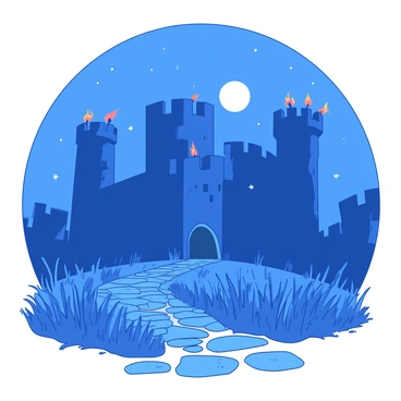 A blue fortress stands tall against the night sky, with thick stone walls and battlements. The fortress is illuminated by numerous flickering orange torches affixed to the walls, casting dancing shadows around. In the foreground, a stone path leads up to the fortress entrance, flanked by tall grasses swaying gently in the night breeze. The moonlight reflects off the fortress's surfaces, enhancing the depth of the scene. Stars twinkle brightly in the clear sky above, adding to the enchanting ambiance.