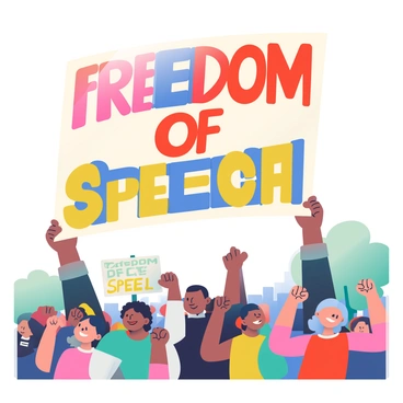 A large, colorful banner with the words "Freedom of Speech" is being held high above a diverse crowd of people. The banner features bold letters in a mix of red, blue, and yellow hues. The crowd below comprises individuals of various ages and ethnicities, some holding their own signs, and others with raised fists in solidarity. In the background, there are trees and buildings, indicating an urban setting. The atmosphere is lively, with expressions of determination and passion visible on the faces of the crowd members.