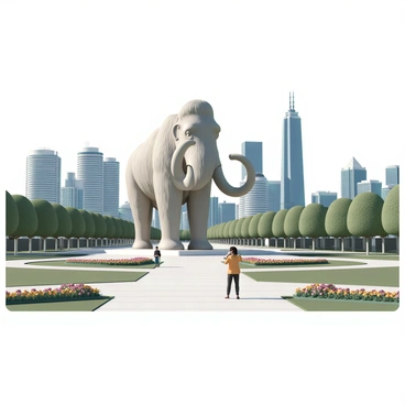 A grand statue of a mammoth stands prominently in the center of a modern city park. The mammoth is depicted with large, curved tusks and detailed fur, showcasing its majestic form. Surrounding the statue are neatly trimmed green lawns and colorful flower beds, adding vibrancy to the scene. Pathways of smooth stone lead up to the statue, inviting visitors to admire its impressive size. In the background, contemporary buildings and skyscrapers rise against the sky, contrasting the ancient creature with the modern architecture. A few people stroll through the park, taking photos of the statue and enjoying the sunny day.
