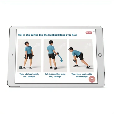 A digital interface displayed on a sleek, modern tablet showcasing a "step-by-step guide to the dumbbell bent over row exercise." The first screen illustrates a person with short black hair, wearing a fitted blue tank top and black shorts, standing beside a set of dumbbells. The second screen shows the same individual bent over at the waist, with their back straight and knees slightly bent, gripping the dumbbells. The third screen captures the person pulling the dumbbells towards their torso, with clear arrows indicating the movement path. Each step is labeled with bold text, emphasizing the correct posture and technique, while a timer icon is visible, suggesting workout duration. The color palette is bright and engaging, with a focus on clarity and instructional design elements.