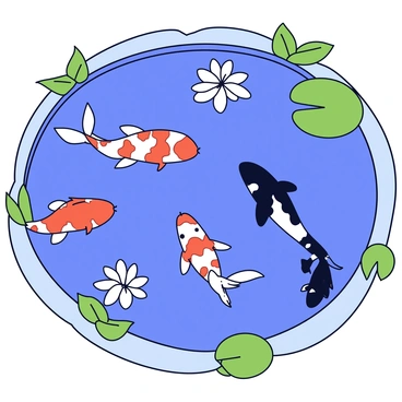 A bird's-eye view of a koi pond filled with water lilies and floating leaves. The water is a clear blue, showcasing vibrant orange, white, and black koi fish swimming below the surface. The fish create distinct patterns as they glide through the water, with some koi featuring intricate markings. The edges of the pond are lined with green foliage and rocks, enhancing the natural setting.