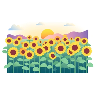A vast field of tall sunflowers is stretching across the landscape, their bright yellow blooms prominently facing the sun. The sun is low in the sky, casting a warm golden light over the scene as dusk approaches. The sunflowers are swaying gently in the breeze, their green stems towering above the ground. In the background, a gradient of soft colors transitions from brilliant orange to deep purple, creating a serene atmosphere. A few fluffy clouds are scattered across the sky, catching the last rays of sunlight.