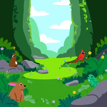 A vibrant ecosystem at the base of a deep chasm, filled with various types of green plants, including ferns, shrubs, and colorful flowers. The scene features a variety of small animals, such as a brown rabbit, a bright red cardinal perched on a branch, and a green lizard basking on a rock. Sunlight filters through the chasm's edges, creating dappled light on the ground, highlighting the lush foliage. In the background, the chasm walls rise steeply, covered with vines and moss.
