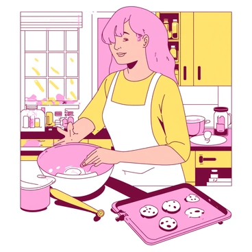 A pink-haired woman named Sarah is baking cookies in a yellow kitchen. She is wearing a white apron and is focused on mixing dough in a large mixing bowl. The kitchen is filled with various baking tools, such as measuring cups and a rolling pin. A tray of freshly baked cookies is cooling on the counter beside her. In the background, there are light yellow cabinets filled with jars of ingredients and a bright window that lets in warm sunlight. The scene conveys a sense of home and comfort.