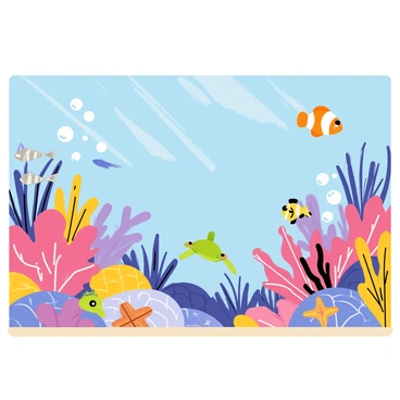 A wide view of an underwater reef teeming with a variety of colorful fish and diverse marine life. The scene features vibrant coral formations in shades of pink, purple, and yellow. Schools of small, silver fish dart amongst the corals, while larger fish like a clownfish with orange and white stripes swim nearby. A sea turtle glides gracefully through the water, and a starfish rests on a rock. Bubbles rise from the ocean floor, adding movement to the tranquil underwater environment.