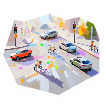 A traffic flow chart displaying a network of roads with various colored lines indicating different routes. There are several cars depicted in different colors, such as red, blue, and green, moving along these lines. Alongside the cars, various bicycles in bright colors like yellow and orange are also shown, traveling on designated bike paths adjacent to the roads. The chart includes arrows indicating the direction of movement and small icons representing traffic signals and road signs scattered throughout the layout. The overall arrangement is clear and organized, effectively illustrating the flow of traffic.
