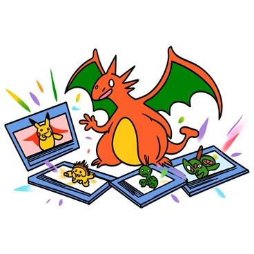 An animated scene featuring various Pokémon on trading cards engaging in a battle. A large Charizard is taking center stage, with its wings spread wide, showcasing its size. Smaller Pokémon like Pikachu and Squirtle are positioned around Charizard, emphasizing their size differences. The battlefield is vibrant, with colorful energy effects emanating from each Pokémon as they prepare to attack. The cards are partially transparent, allowing a glimpse of the characters on them, while each Pokémon displays its unique features and expressions with great detail.