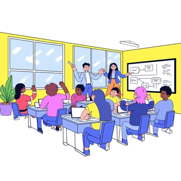 A classroom with bright, colorful walls and large windows letting in natural light. Desks are arranged in neat rows, each occupied by diverse students with varying hair colors and styles. Some students are raising their hands, while others are jotting down notes in notebooks. The teacher, standing at the front, is pointing at a large whiteboard filled with diagrams and notes. A peaceful atmosphere is created by the students' focused expressions and the organized arrangement of learning materials around the room.