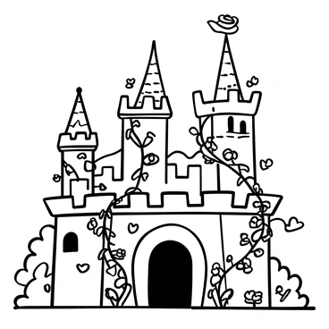 A fairytale castle with tall, pointed towers and intricate stonework is partially hidden by cascading rose vines. The roses have thick stems and full blooms, draping over the stone walls and climbing towards the castle's battlements. A stone path leads to the entrance, lined with smaller bushes and delicate flowers. The background features a soft horizon, suggesting distant hills or trees. The overall composition creates an enchanting and mysterious atmosphere surrounding the castle.
