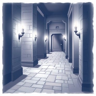 A dimly lit castle corridor stretches into the distance, featuring stone walls adorned with intricate carvings. Flickering torches cast wavering light, creating "mysterious shadows" that dance and creep along the surfaces. The floor is made of aged cobblestones, some of which are cracked or uneven. At the far end of the corridor, a heavy wooden door stands partly ajar, hinting at secrets beyond. The atmosphere is thick with an air of suspense, as the shadows twist in the faint light.