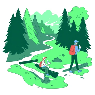 A green forest with tall trees lining a winding trail. Two hikers are walking along the path, one is wearing a red backpack and the other has a blue cap. They stop at five distinct locations to take breaks. Each break is marked by a small clearing where they sit on logs, drinking water from their bottles. Sunlight filters through the leaves, casting patterns on the ground. A soft breeze rustles the leaves, creating a peaceful atmosphere.
