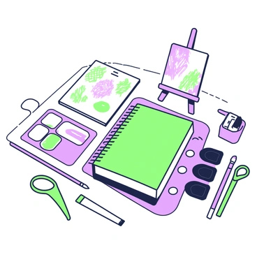 A new artistic stationery set is arranged neatly on a creative workspace. The set includes a green notebook with a textured cover, a purple watercolor palette with several small wells, and green and purple paintbrushes placed beside it. Scattered across the table are several sketches on white paper, showcasing various designs and patterns. In the background, a small easel holds a partially completed painting. A pair of green scissors and a purple pencil sharpener are positioned next to the stationery, completing the setup.