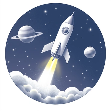 A rocket ship is ascending into the night sky. The rocket features a sleek design with prominent fins and a pointed nose cone. Flames and smoke are billowing from the launch pad as it propels upward. The sky is filled with numerous stars, scattered across the vastness as well as a few distinct planets with visible rings and surface details. The background showcases the contrast between the dark sky and the bright lights emitted by the rocket and celestial bodies.