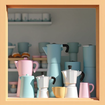 A small coffee shop window showcasing a Bialetti moka pot among other espresso machines