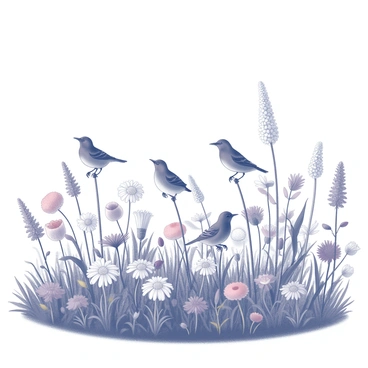 A meadow filled with various blooming flowers, creating an abundance of colors and textures. Several birds are perched on the flowers, with their wings spread slightly and their beaks open, appearing to sing. The flowers have different shapes and sizes, with some being tall and slender while others are short and bushy. The sky above is clear, allowing sunlight to illuminate the scene. The overall atmosphere conveys a sense of tranquility and harmony in nature.