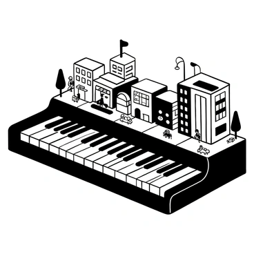 A piano keyboard with black and white keys that transform into a bustling street scene. The white keys are lined with miniature buildings and shops, while the black keys resemble taxis and pedestrians. There are tiny figures walking along the keys, interacting with the environment. Small trees and street lamps are positioned on the sides of the keyboard. The overall scene creates the illusion of activity and movement, blending music with urban life.