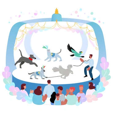 A regal setting features a vibrant stage adorned with golden decorations. Various noble pets, including a elegant greyhound performing agility tricks, a fluffy Persian cat gracefully walking on a leash, and a charming parrot showcasing its ability to mimic sounds, are the main focus. Each pet is dressed in unique outfits that highlight their noble status. The audience, a diverse group of elegantly dressed onlookers, is clapping and cheering enthusiastically. Colorful banners and floral arrangements surround the scene, adding to the festive atmosphere.
