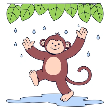 A monkey with a playful expression is dancing in the rain, its fur glistening with droplets. Surrounding the monkey are large green leaves that form a canopy above, creating a vibrant backdrop. The ground is dotted with puddles reflecting the scene, adding to the lively atmosphere. The monkey's arms are raised in the air, and its legs are in mid-step, capturing a sense of movement and joy.