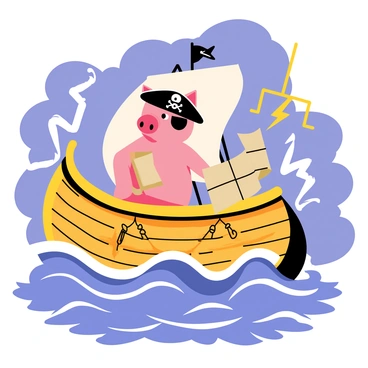 A cartoon-style illustration of a pirate pig wearing a tricorn hat and an eye patch, standing at the helm of a wooden ship. The ship is depicted battling against large, crashing waves, with dark storm clouds swirling overhead. The pig is holding a treasure map in one hoof, looking determined as it steers the ship through the turbulent waters. The ship's sails are billowing in the wind, and ropes are seen slung across the deck. Lightning strikes in the background, adding to the dramatic atmosphere of the scene.