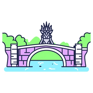 The Iron Throne is prominently positioned at the center of a grand stone bridge. The bridge features intricate carvings and a wide, arched design. Beneath the bridge, a river flows steadily, with clear water reflecting the surroundings. On either side of the bridge, there are tall stone pillars, enhancing the grandeur of the scene. A distant forest is visible on the horizon, with trees lining the riverbank. The atmosphere conveys a sense of majesty and power surrounding the Iron Throne.