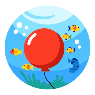 A large, round balloon in bright red color is drifting gently underwater. The balloon is slightly squished and features a shiny surface that reflects the surrounding light. It is surrounded by a school of colorful fish, including yellow and blue fish with vibrant patterns swimming playfully around it. The underwater scene is filled with patches of sunlight filtering down from the surface, illuminating the water and enhancing the bright colors of the fish. Bubbles rise from the balloon, adding to the lively atmosphere of the underwater environment.