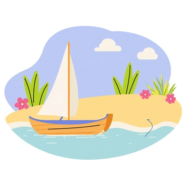 A small wooden boat with a white sail is moored at a sandy beach. The boat has bright blue accents and is gently bobbing in the clear turquoise water. The beach is lined with soft golden sand, dotted with small green palm trees. Lush tropical plants and vibrant flowers are visible in the background, adding color to the scene. The sky is a brilliant blue with a few fluffy white clouds scattered above, and gentle waves lap at the shore.