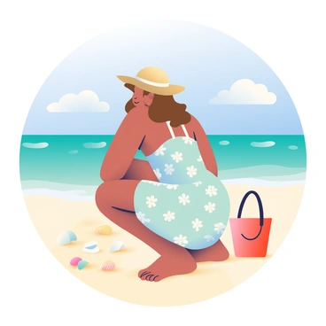 A woman named Sarah with long, wavy brown hair is crouching down on a sunny beach to collect seashells. She is wearing a light blue sundress with white floral patterns and a wide-brimmed straw hat. Around her, the sandy beach is dotted with various seashells in shades of pink, white, and cream. In the background, the crystal-clear turquoise ocean is gently lapping at the shore, and a few fluffy white clouds are scattered across the bright blue sky. A small red bucket sits next to her, ready to hold the shells she finds.