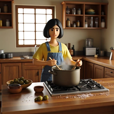 A person with medium skin tone and shoulder-length black hair is standing in a rustic kitchen. They are focused on making tamarind candy by boiling tamarind pulp with sugar in a large pot on the stove. The kitchen has wooden cabinets and shelves filled with various jars and utensils, giving it a cozy and homey atmosphere. The pot is bubbling gently, and steam rises as the person stirs the mixture with a wooden spoon. A bowl of fresh tamarind pods is placed on the counter nearby, and there are scattered sugar crystals around the kitchen workspace, adding to the scene. Light from a window casts a warm glow over the entire setting.