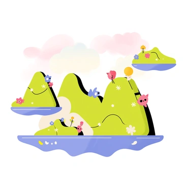 A surreal scene featuring floating islands in various shapes and sizes, each covered in vibrant green foliage and colorful flowers. The sky is a gradient of bright pastel colors, transitioning from pink to blue to yellow, resembling a rainbow. Wispy clouds drift lazily among the islands, casting soft shadows on their surfaces. Below the islands, a shimmering body of water reflects the colors of the sky, adding to the dreamlike quality of the atmosphere. Small, whimsical creatures can be seen frolicking on the islands, enhancing the enchanting vibe of the scene.