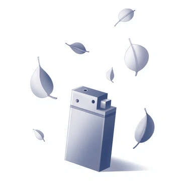 A lighter is positioned upright on a flat surface, its metallic surface reflecting ambient light. Leaves, varying in size and shape, are caught in a gentle breeze, swirling around the lighter. Some leaves are partially lifted off the ground, while others are in mid-air, creating a dynamic sense of movement. The scene captures the contrast between the stillness of the lighter and the active swirling of the leaves nearby.